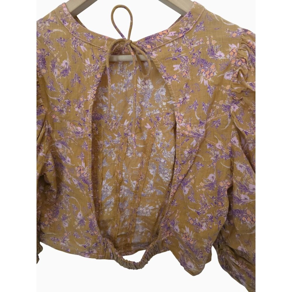 Free People MONICA Golden Floral Puff Sleeve Tie-Back Blouse Women's Sz L - Picture 6 of 10